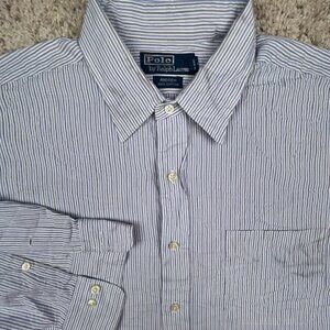 Ralph Lauren ANDREW Button Up Shirt Long Sleeve Size 17 32/33 Blue Striped